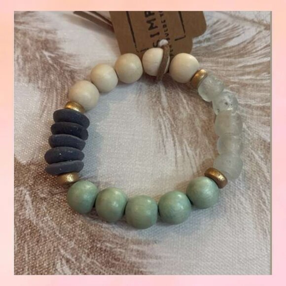 Jewelry - Earthy Stretch Bracelet Frosted Glass & Wood Beads